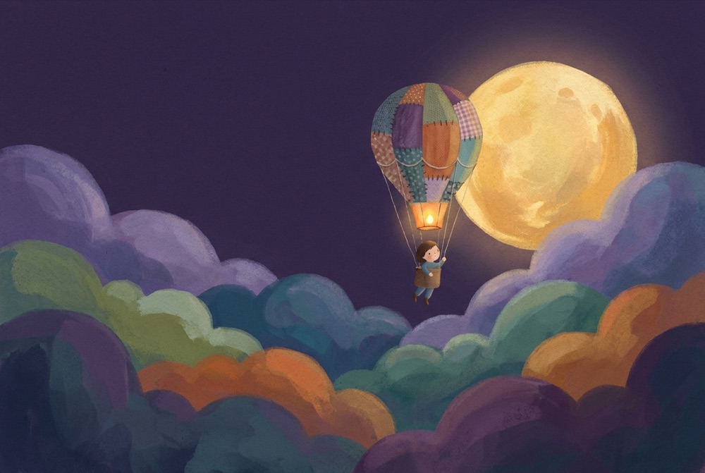 A child in a hot-air balloon among the clouds toward the moon